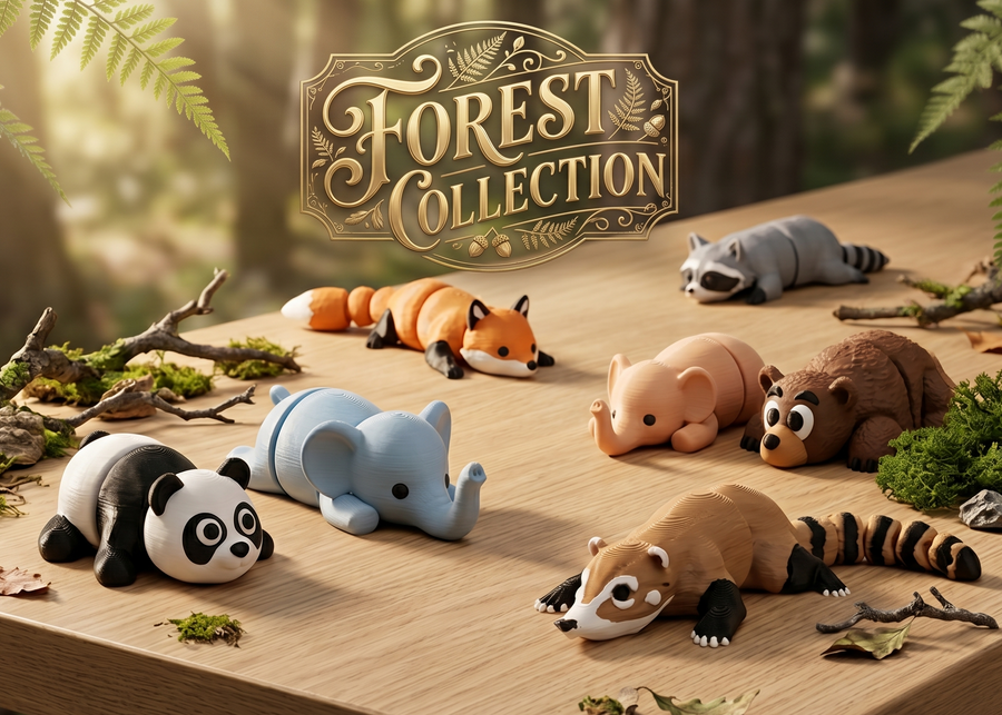 Forest toys pack of 7 (Panda, Fox, Bear, Grey Elephant, Pink Elephant, Raccoon, Caoti)
