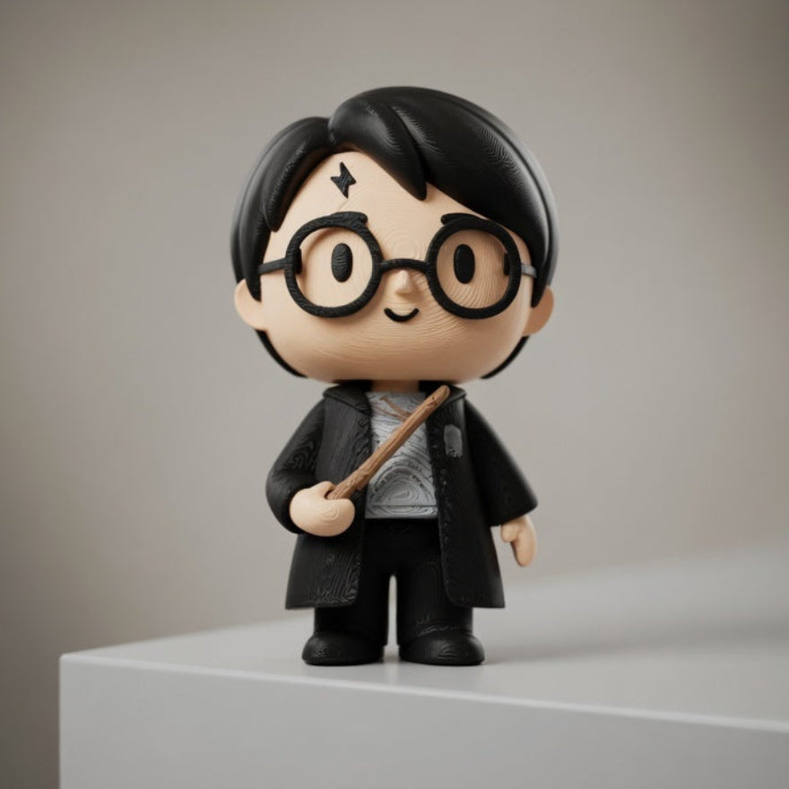 Toy figure of a character with glasses and a robe holding a wand on a white surface.